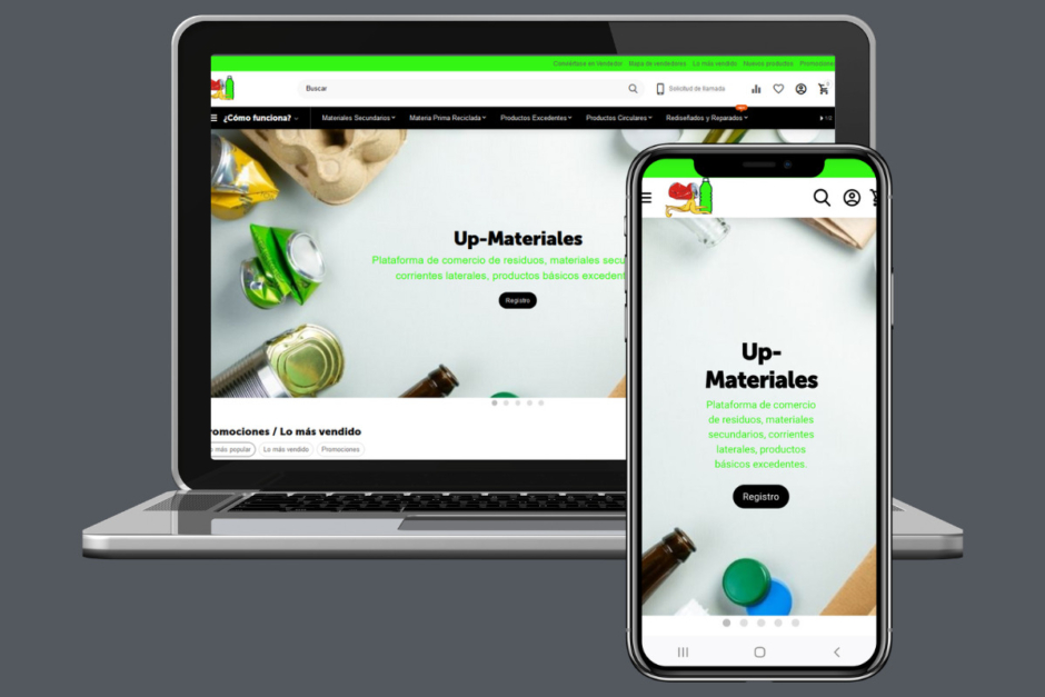 Webapp responsiva mostrada en laptop y celular.
